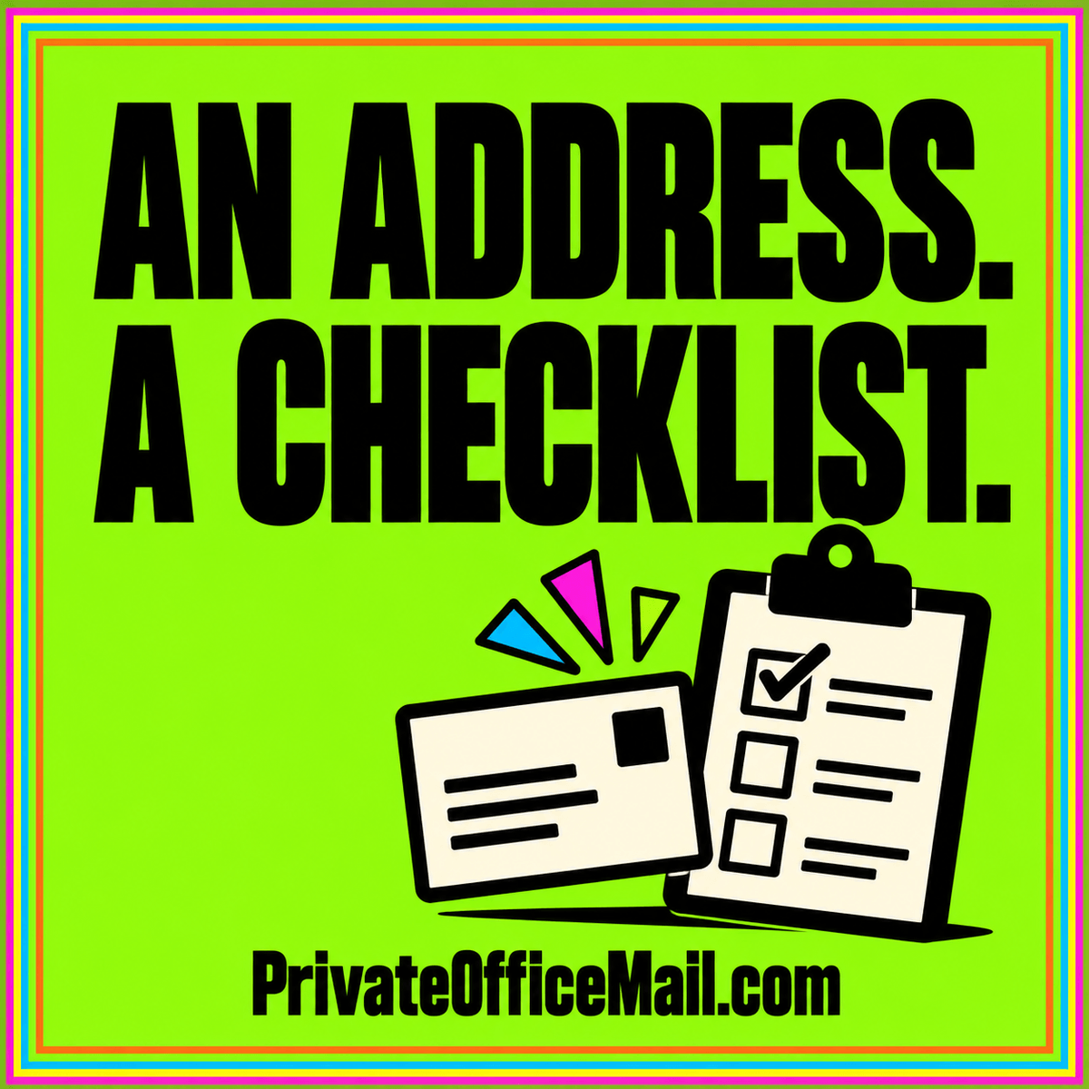 Illustrated business address card alongside a checklist of intended uses and verification steps.