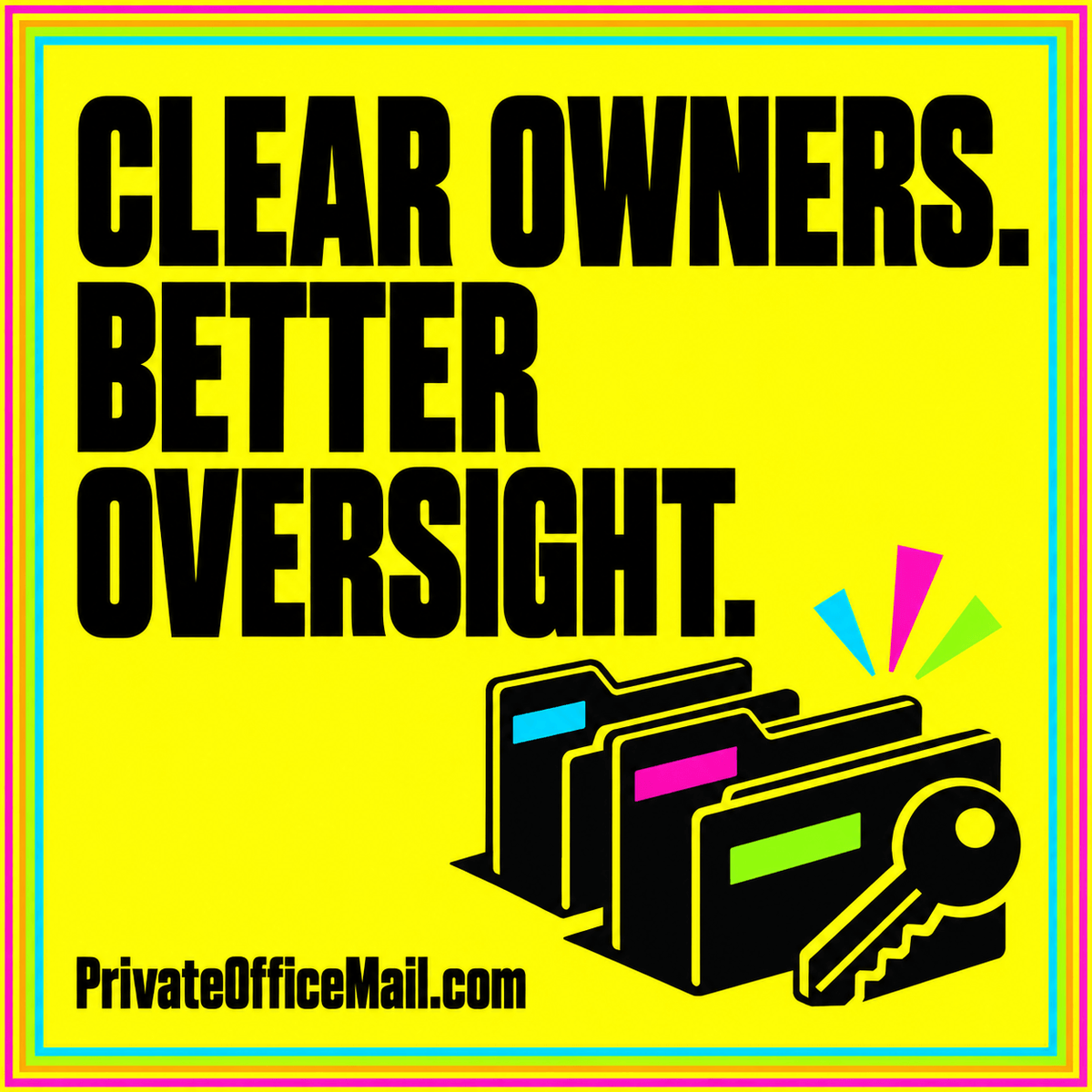 Editorial illustration of corporate departments connected to an accountable central mail record.