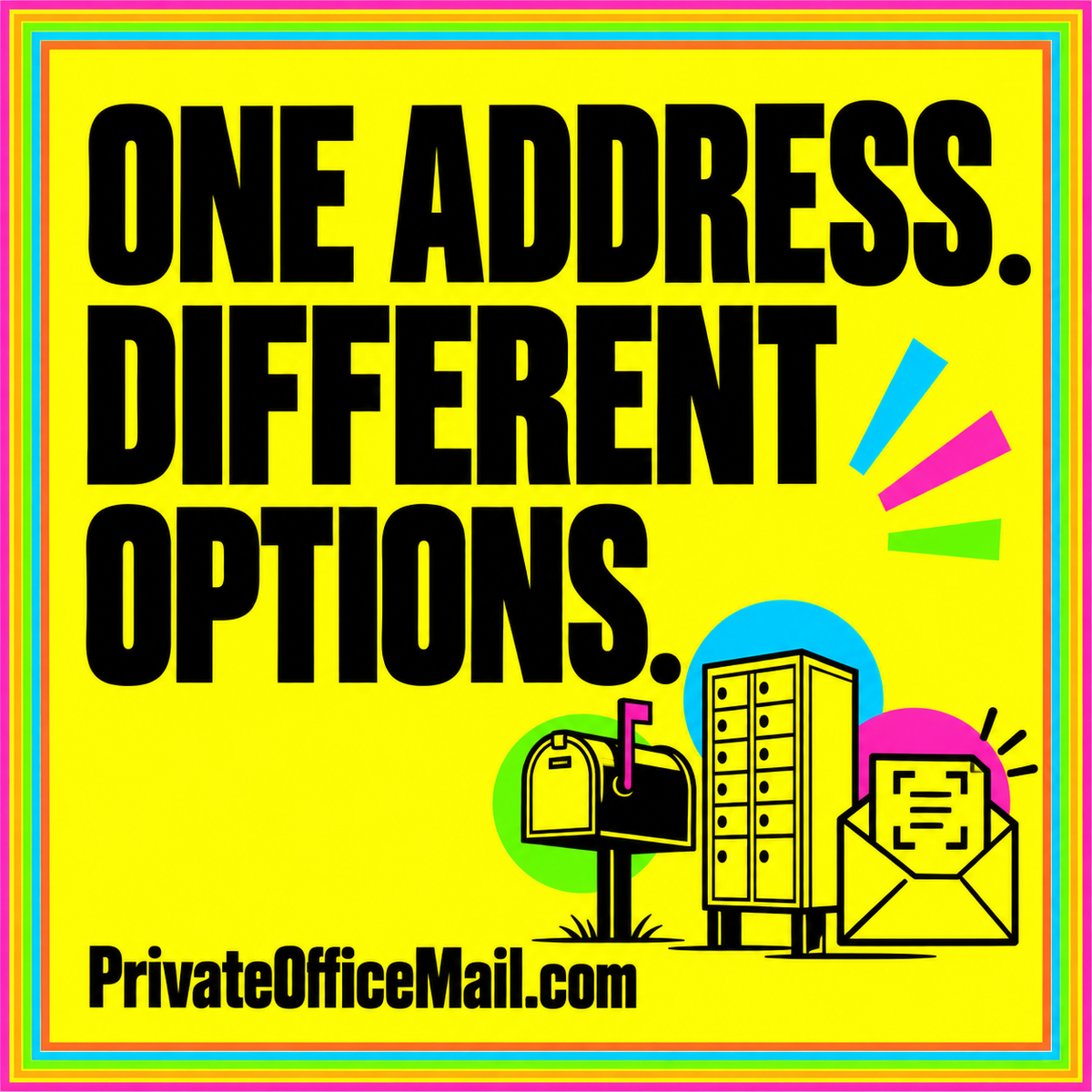 Neon comparison card reading One address. Different options. with physical and digital mailbox symbols and PrivateOfficeMail.com branding.