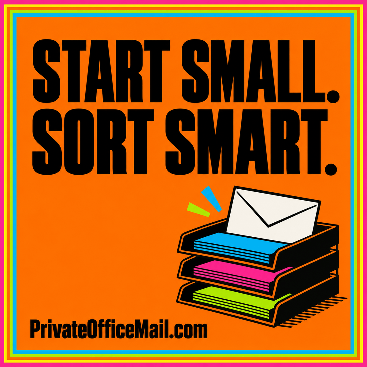 Illustrated startup mail workspace with an envelope, task list, and a simple monthly planning calendar.